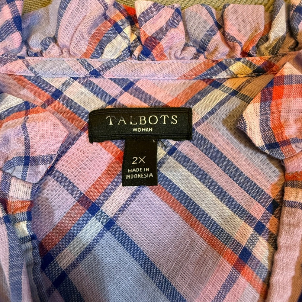 Talbots Woman 2X Purple Pink Plaid Ruffle Neck Cotton Blouse Long Sleeve 2246 - Picture 2 of 7